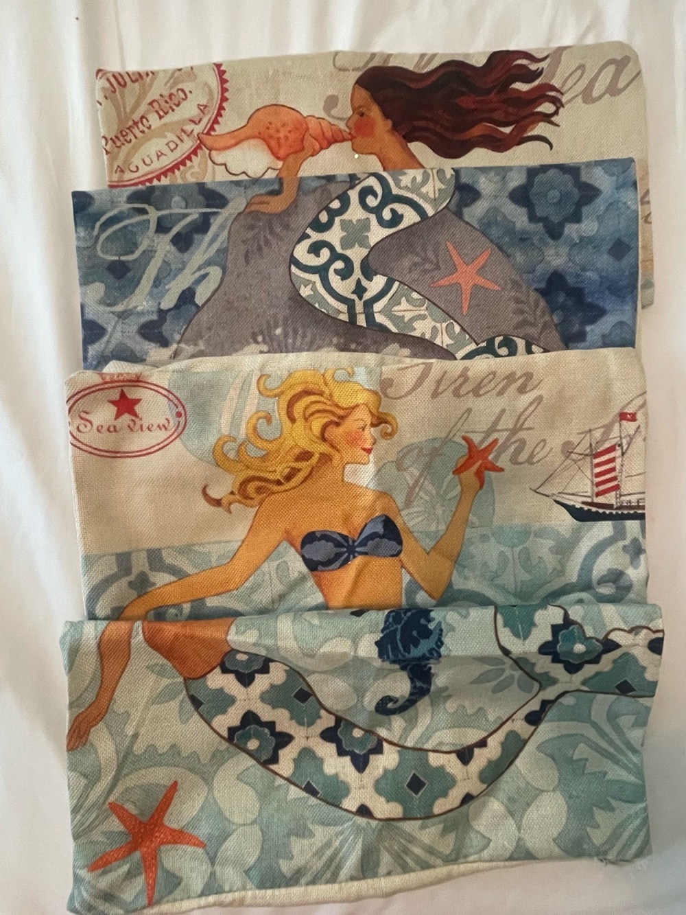 Vintage Beach Burlap Tropical 4 Mermaid Square 17 x 17.5 in Pillow cover - Picture 2 of 9